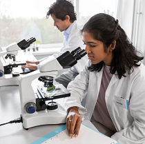 lab worker looking through microscope