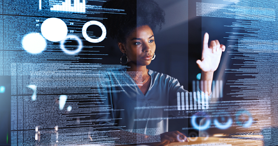woman working on digital hologram numbers
