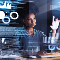 woman working on digital hologram numbers